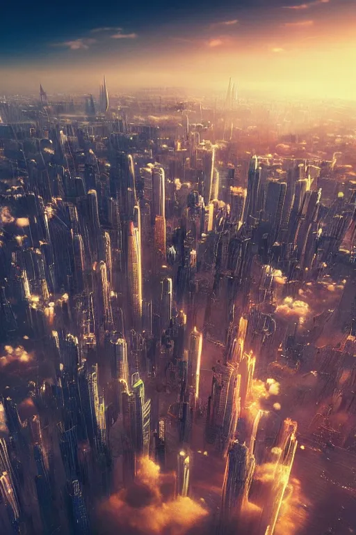 Image similar to city reflected in the sky, hyper real, 8k, colorful, 3D cinematic volumetric light, atmospheric light, studio ghibli inspired, fantasy LUT, high contrast, epic composition, sci-fi, dreamlike, surreal, angelic, by Moebius,