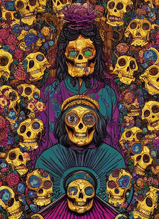 Image similar to the oracle of ancient wisdom surrounded by floral skulls, italian futurism, da vinci, dan mumford, josan gonzalez