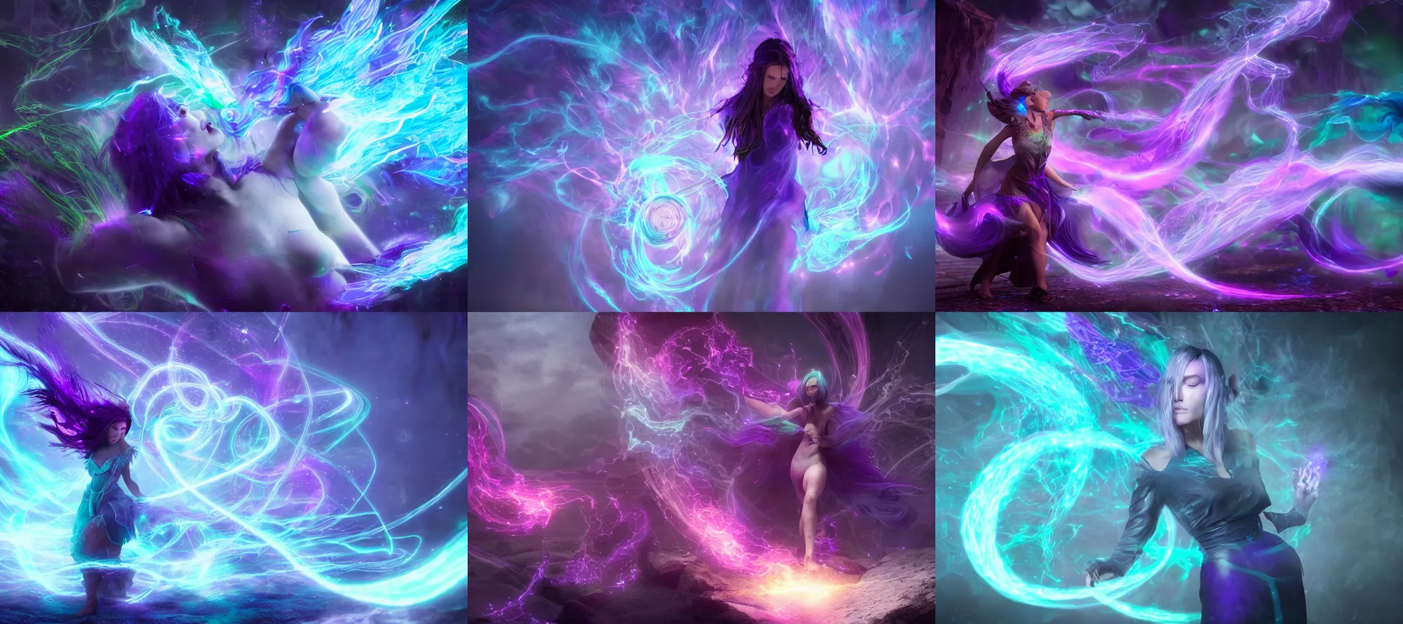 Prompt: a mage channeling quiet arcane magic, softly swirling magical energy, mysticism, wisps of energy in the air, hyperrealistic fantasy art, blue and purple and green, hd octane render, 4 k, 8 k