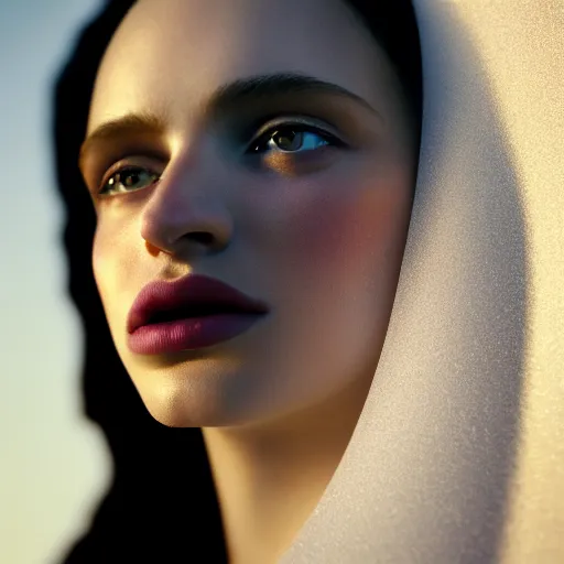 Image similar to photographic portrait of a stunningly beautiful renaissance female, white lips and dark eye shadow, in soft dreamy light at sunset, god rays, contemporary fashion shoot, by edward robert hughes, annie leibovitz and steve mccurry, david lazar, jimmy nelsson, breathtaking, 8 k resolution, extremely detailed, establishing shot, artistic, hyperrealistic, perfect face, octane render