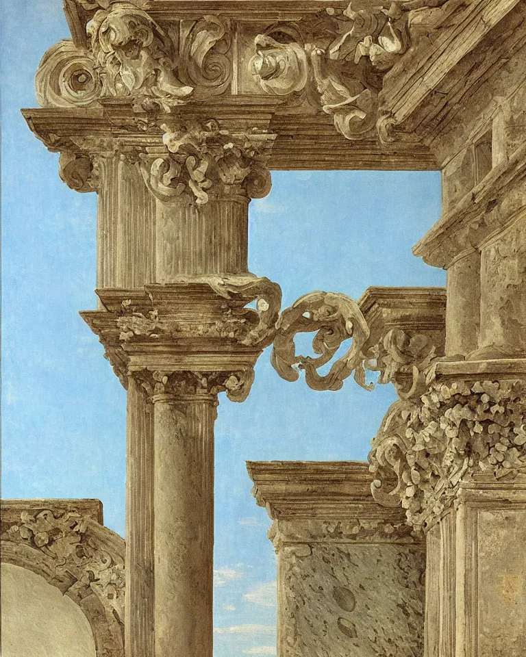 Image similar to achingly beautiful painting of intricate ancient roman ionic capital on a baby blue background by rene magritte, monet, and turner. giovanni battista piranesi.