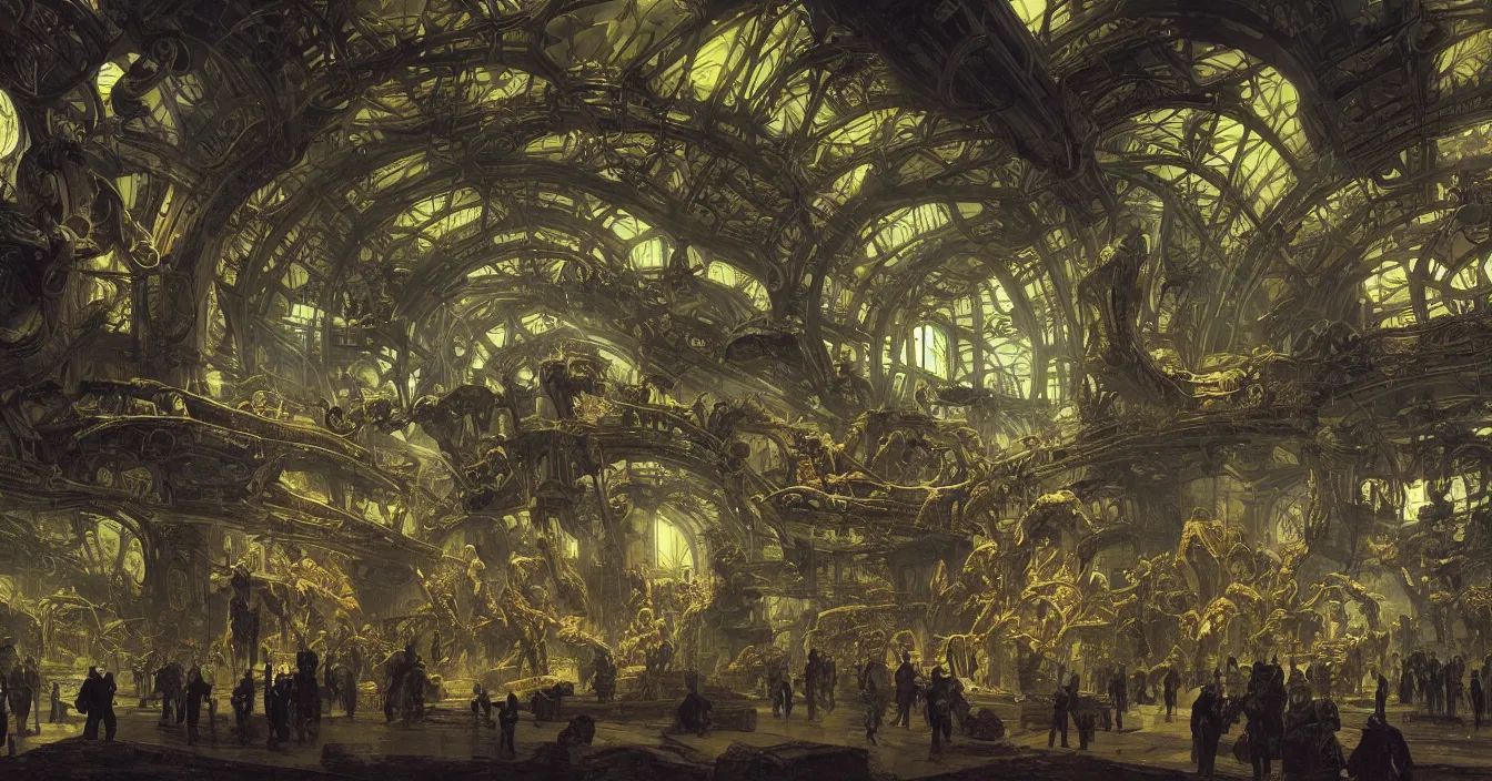 Prompt: Photograph of interior of futuristic museum, full of thousands of exhibits of different alien fossils, high detail, back light contrast, dramatic atmosphere, bright vivid colours, painted by John Howe, Marc Simonetti, Asher Brown Durand , Gustave Dore, George Inness,