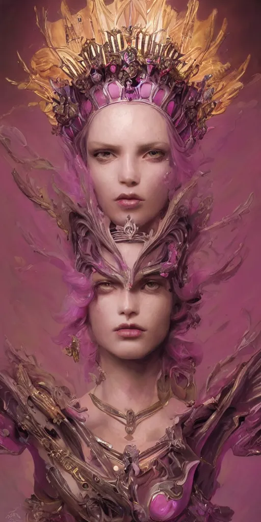 Image similar to female angel queen head wearing shiny pink crown, subtle purple accents, hyper details, black metal rococo, sculpted by Alex Alice, Craig Mullins, yoji shinkawa, trending on artstation, beautifully lit, Peter mohrbacher, hyper detailed, elite, elegant, luxury, ray of light through smoke, CGsociety, hypermaximalist, golden ratio, neofuture, volumetric, octane render, weta digital, micro details, 3d sculpture