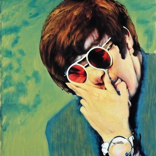 Image similar to an oil painting of elton john lennon crying by cy twombly