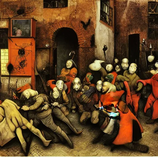 Image similar to color photo of a modern gang of plague doctors in the style of jan saudek, pieter bruegel the elder, joel peter witkin, gustave dore, heironymus bosch