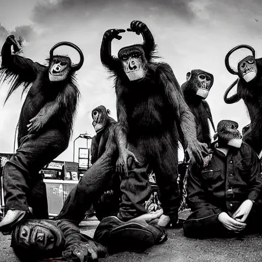 Prompt: Slipknot plays in front of a crowd of monkeys