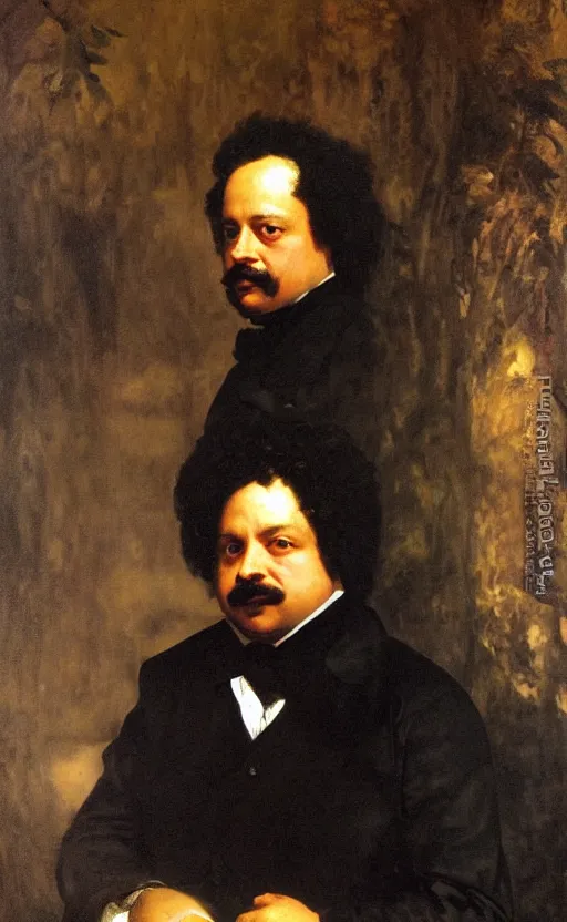 Image similar to Portrait of Alexandre Dumas, oil on canvas, highly detailed, high contrast, by Franz Xaver Winterhalter, Henry Ossawa Tanner, Anthony van Dyck, 8k