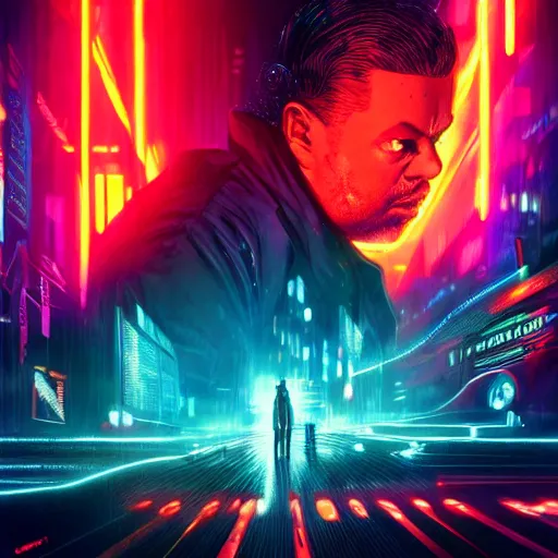 Prompt: cyberpunk Orson Welles, realistic, high definition, HDR, 4K, neon lights, vivid colors, hyper detailed, style of Blade Runner 2049