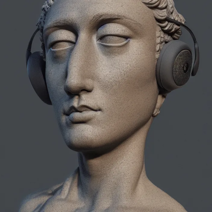 Image similar to stoic statue wearing headphone, vaporwave, aesthetic, naturel, symmetrical face, hyper detailed, digital sculpture, trending in artstation, cinematic lighting, studio quality, smooth render, unreal engine 5 rendered, octane rendered, art style by klimt and nixeu and ian sprigger and wlop and krenz cushart