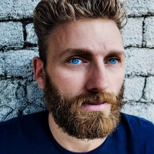 Image similar to close up of face of 4 0 year old anglo slavic - hebrew blond man with blond stubble, very short wavy blond hair in a short pompadour style, very dark blue eyes, portrait, 4 k