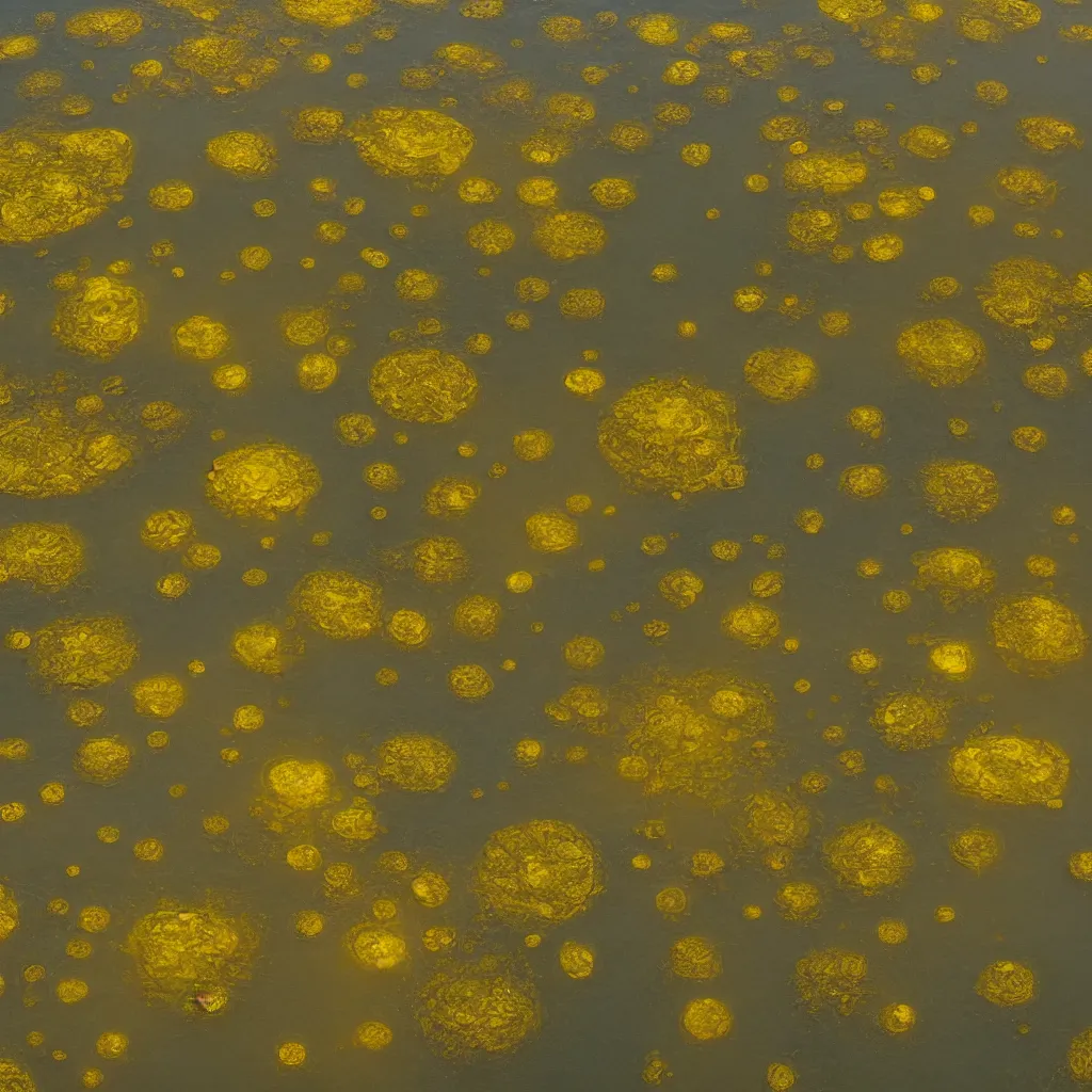 Prompt: organic ornaments from above floating on water, zdzislaw beksinski, wideshot, 8 k, yellow