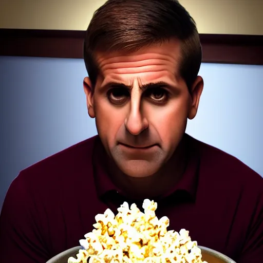 Prompt: steve carrell eating a bowl of popcorn, front facing, realistic, hyperrealistic, ultra realistic, real, real world, highly detailed, very detailed, extremely detailed, intricate details, 8 k resolution, hd quality