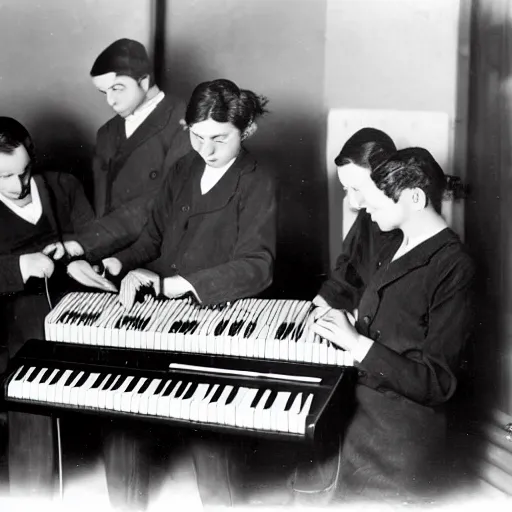 Image similar to penguins building a yamaha keyboard, 1930