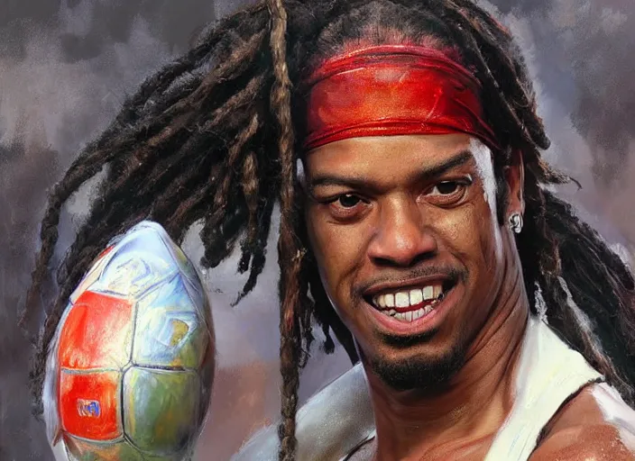 Image similar to a highly detailed beautiful portrait of ronaldinho as kratos, by gregory manchess, james gurney, james jean