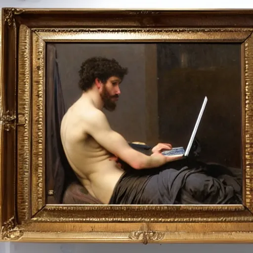 Image similar to an oil painting of an man playing a laptop, view from back, by Bouguereau, highly detailed and intricate,