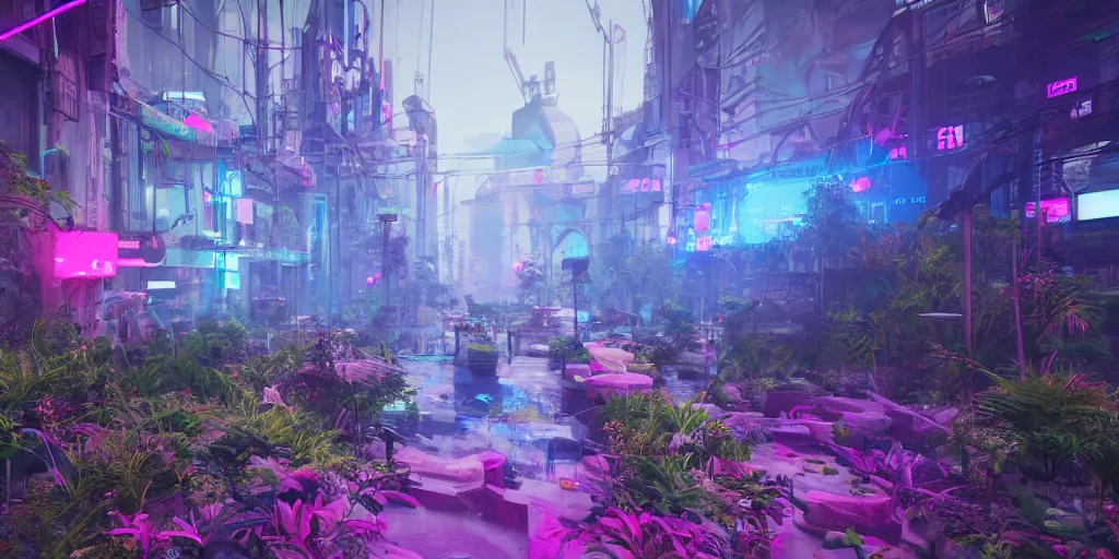 Prompt: a photo of 8k solarpunk city with pink and blue neon and plants everywhere overgrown, cinematic lighting, trending on artstation, 4k, hyperrealistic, focused, high details, unreal engine 5, cinematic, masterpiece