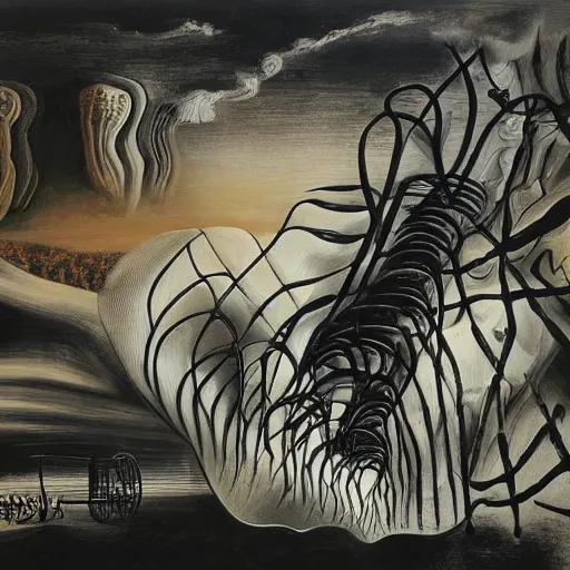 Image similar to An abstract painting of a tornado made of elephants and pianos by Salvador Dali, black and white color palette, dusk