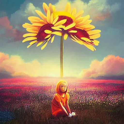 Image similar to giant daisies flower as head, girl sitting in a flower field, surreal photography, sunrise, dramatic light, impressionist painting, colorful clouds, digital painting, artstation, simon stalenhag