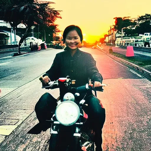 Image similar to “buzz cut, Vietnamese girl riding a motorbike through the city, photograph, beautiful, sunset”