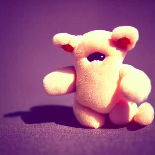 Image similar to lomography long shot of cute plush fluffy chthonic monster made to look like a baby, bokeh background, lsd colors