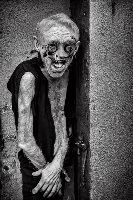 Prompt: 3 / 4 body photo of a old ginger men crackhead! with disgusting teeth, shady dark backalley at night, nerdy appearance, smooth, sharp, 8 5 mm, f / 1. 3