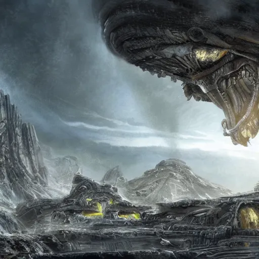 Prompt: concept art prometheus ancient city destroyed by xenomorphs, cinematic highly detailed