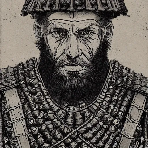 Image similar to Closeup of frustrated and acerbic male medieval sergeant with a {short} beard wearing a {black and yellow tabard} over a steel breastplate and a black gambeson looking up from a map on a table, intricate, dramatic lighting illustration by Greg Rutkowski, {perfect face}, {perfect eyes}, fantasy