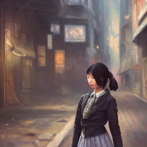 Image similar to a perfect, realistic professional oil painting in romanticism style, of a Japanese schoolgirl posing in a dystopian alleyway, close-up, by a professional American senior artist on ArtStation, a high-quality hollywood-style concept