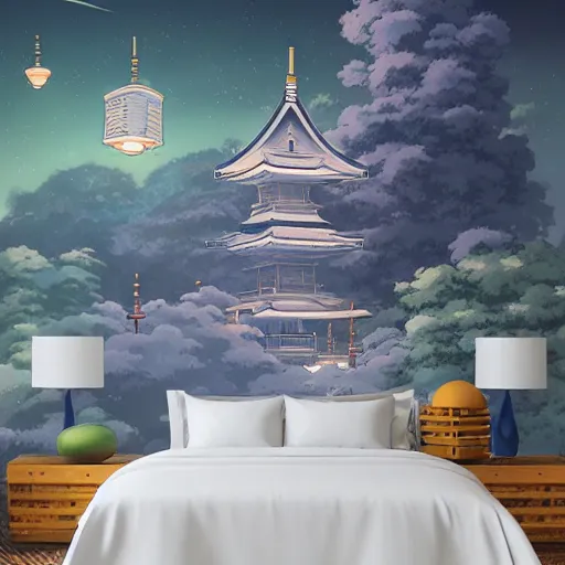 Prompt: white paper lanterns wall mural of Yakasa Temple Kyoto by Studio Ghibli, Andreas Rocha, Neil Blevins, Nausicaa - C 10