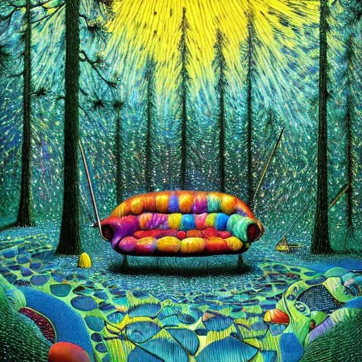 Image similar to psychedelic couch sofa in the pine forest, guitar, milky way, designed by moebius, rob gonsalves, gustav dore, giuseppe arcimboldo and carl barks, louis wain, trending on artstation, canada, star, sharp focus, colorful refracted sparkles and lines, soft light, 8 k 4 k