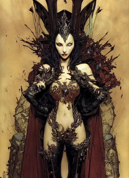 Image similar to drawing of a beautiful vampire woman, armor plates, by marc simonetti and brian froud and mike mignola and alfons maria mucha and peter mohrbacher, hyperdetailed