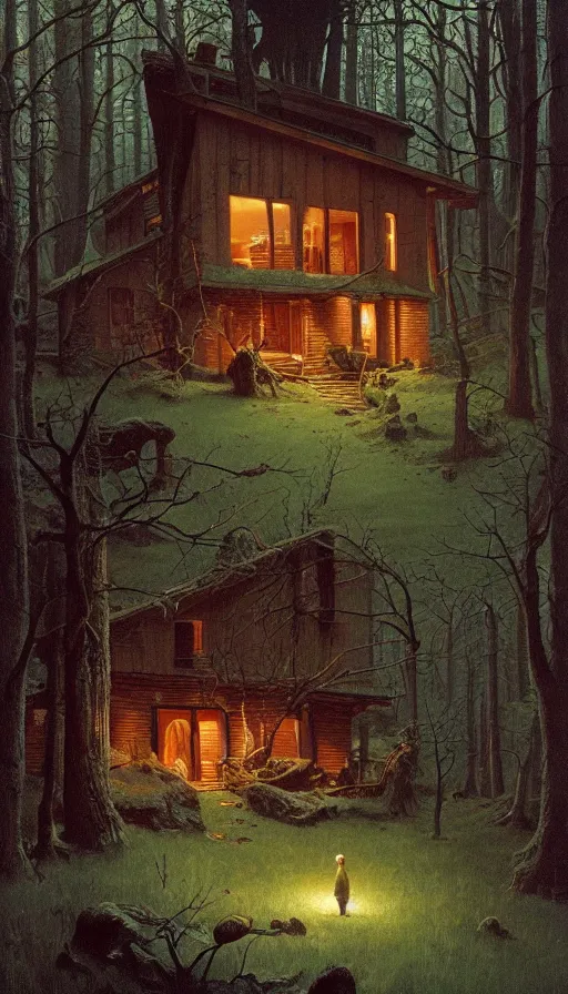 Image similar to cozy home in the woods moody lighting, highly detailed, painting by zdzisław beksinski and norman rockwell and greg rutkowskiweta studio, and lucasfilm