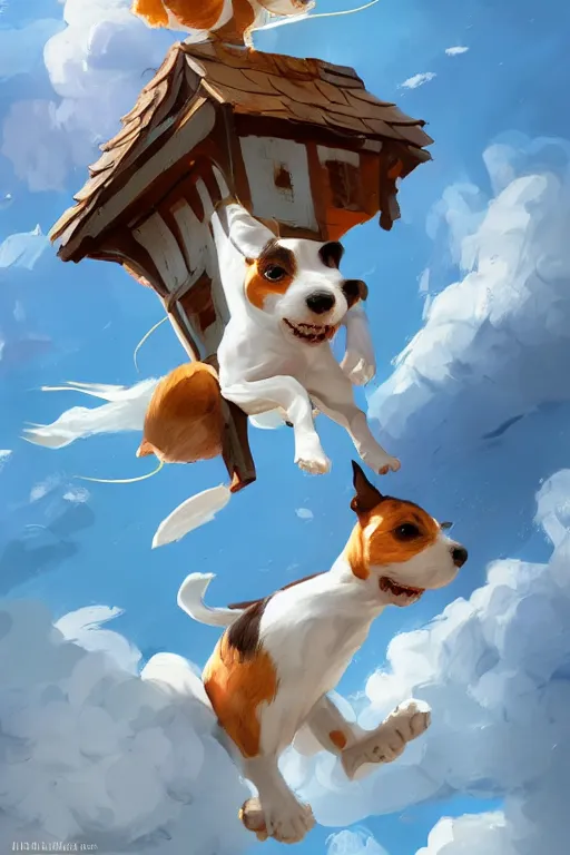 Prompt: adorable jack russel terrier jumping over a small house, wide angle fantasy art, artstation character design contest winner, trending on cgsociety, concept art, speedpaint, beautiful digital art, jesper ejsing, james jean, justin gerard, fenghua zhong, makoto shinkai, highly detailed