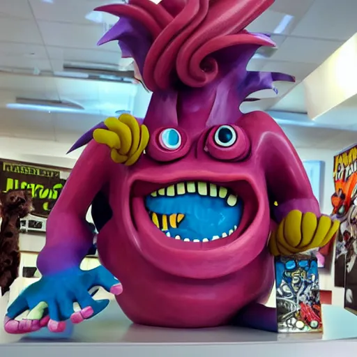 Prompt: cartoon monster sculpture toy on display