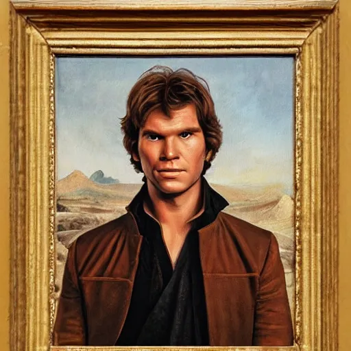 Image similar to a portrait painting of han solo from star wars in a renaissance style hanging in the louvre