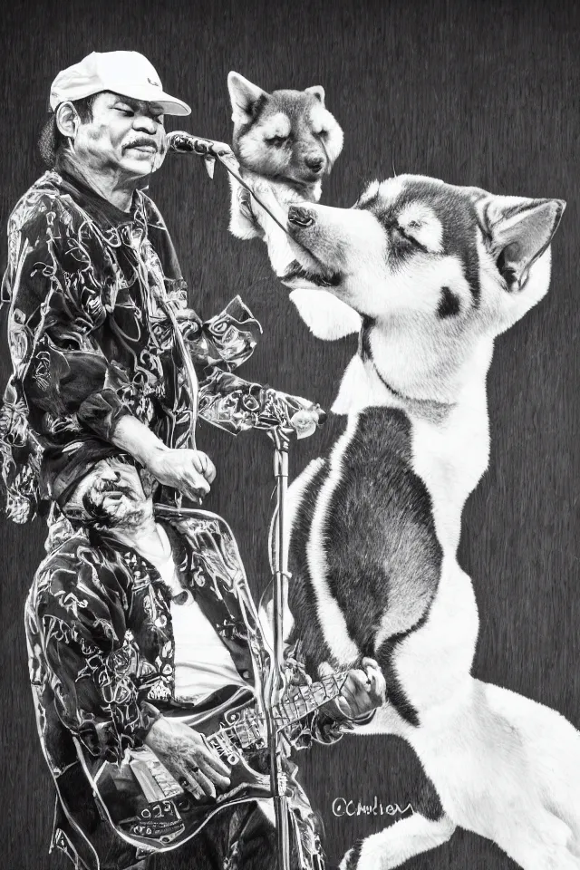 Image similar to a portrait of a shiba inu on stage with carlos santana, hyperrealistic, realistic, highly detailed, b & w, 4 k