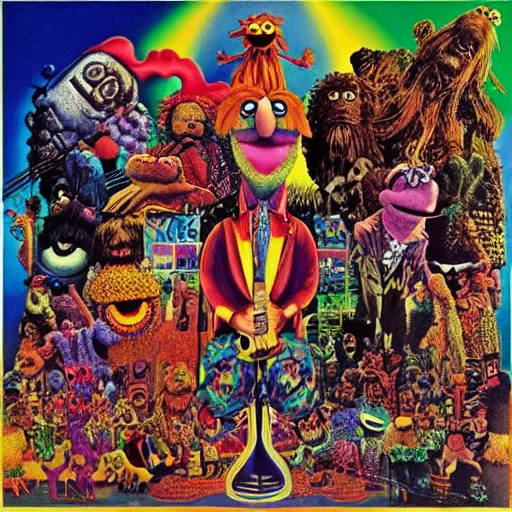 Prompt: animal the muppet on led zeppelin album cover, 8 k resolution hyperdetailed scary dystopian surrealism style of alex grey