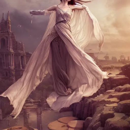 Image similar to a beautiful sorceress floating on air with elegant looks, flowing robe, ornate and flowing, intricate and soft by miho hirano, ruan jia, tom bagshaw,, wlop, beautiful roman architectural ruins in the background, epic sky, half body shot, vray render, artstation, deviantart, pinterest, 5 0 0 px models