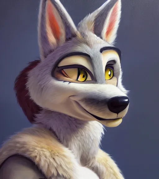 Image similar to oil painting portait of anthromorphic female wolf, in style of zootopia, zootopia, zootopia, fursona, furry, furaffinity, 4 k, deviantart, furry art, fursona art, wearing black business suit, business suit, in style of zootopia, wolf fursona, cyberpunk, female, expressive detailed feminine face,