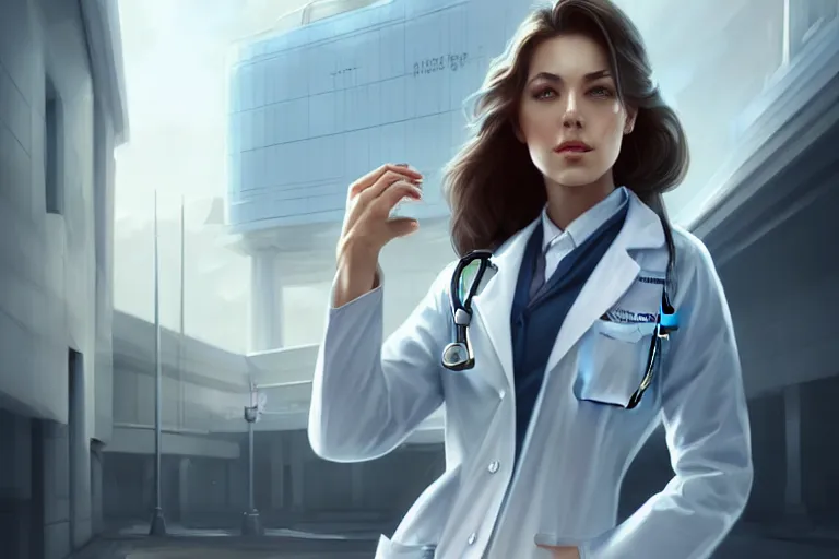 Image similar to an elegant and beautiful female doctor in a white coat in front of a hospital building, cinematic, highly detailed, digital painting, artstation, concept art, matte, sharp focus, illustration, art by artgerm and greg rutkowski