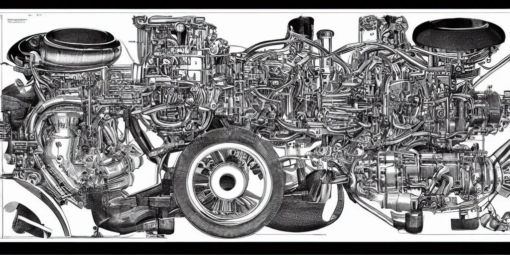 Image similar to f1 engine cutaway scientific illustration by Ernst Haekel highly detailed by jean giraud moebius engineering black and white chrome