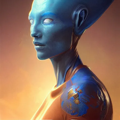 Image similar to portrait of a blue alien wearing a tight and smooth space suit, intimidating, intricate, headshot, highly detailed, digital painting, artstation, concept art, sharp focus, cinematic lighting, illustration, art by artgerm and greg rutkowski, alphonse mucha, cgsociety