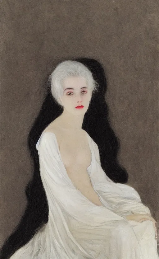 Image similar to say who is this with silver hair so pale and wan! and thin? flowing hair covering front of body, white robe, white dress!! of silver hair, covered!!, clothed!! lucien levy - dhurmer, fernand keller, fernand khnopff, oil on canvas, 1 8 9 6, 4 k resolution, aesthetic, mystery