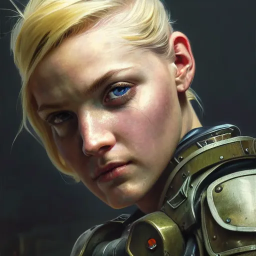 Image similar to portrait painting of a post - apocalyptic blonde soldier wearing dieselpunk power armor, ultra realistic, concept art, intricate details, eerie, highly detailed, photorealistic, octane render, 8 k, unreal engine. art by artgerm and greg rutkowski and charlie bowater and magali villeneuve and alphonse mucha