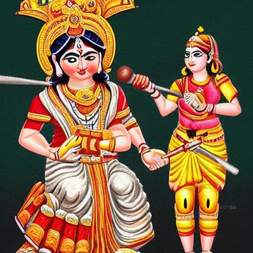 Prompt: Baseball playing goddess Durga, also known as Mata Rani and Devi Maa. Durga has many arms, more than 2 arms. She wears baseball gloves and baseball bats.