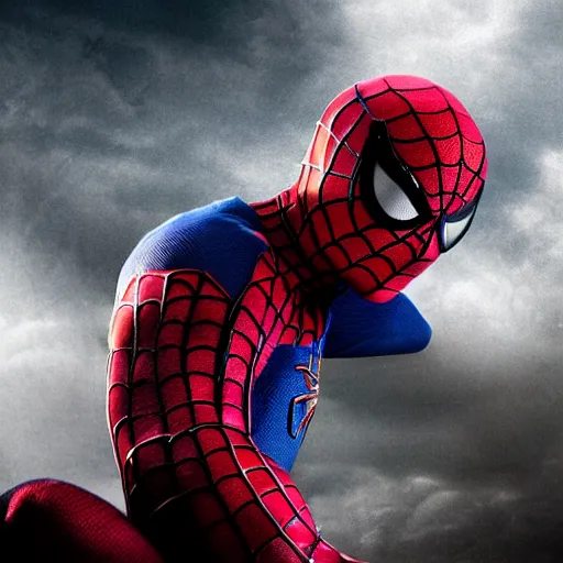 Prompt: dramatic scenes of wounded spiderman, post apocalyptic, sad ambience