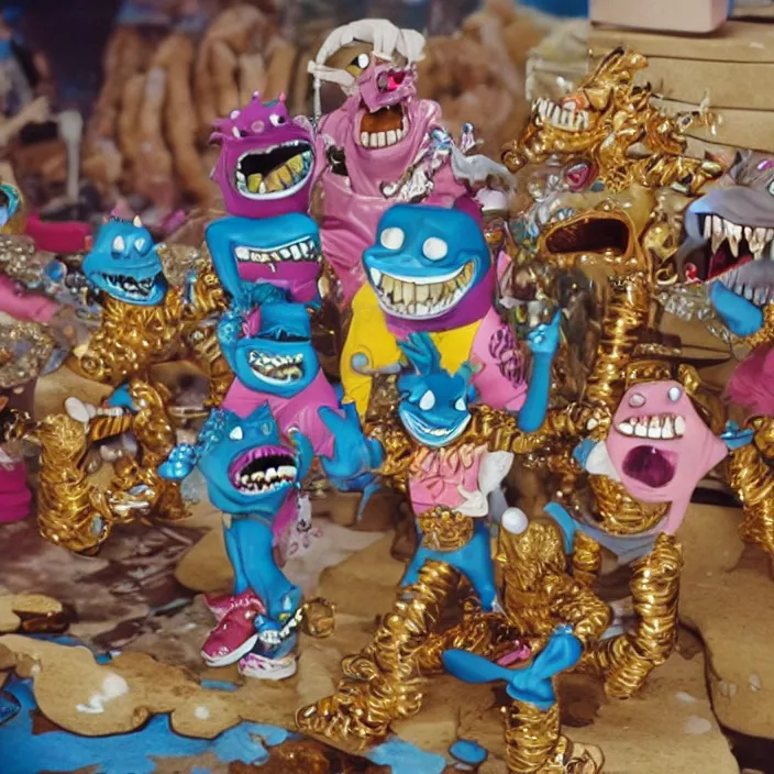 Prompt: hip hop street sharks wearing a ton of bussdown iced gold bling in wallace & gromit claymation