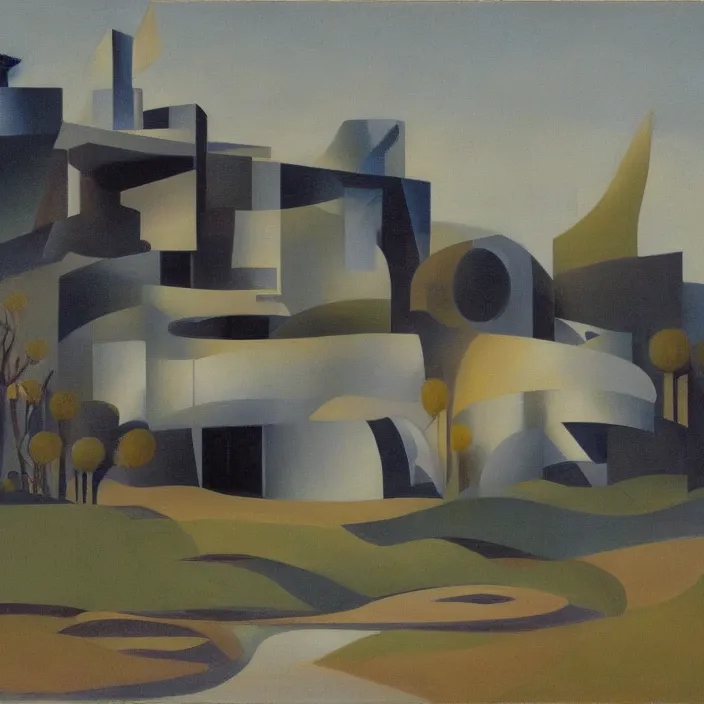 Image similar to a building in a serene landscape, futurism