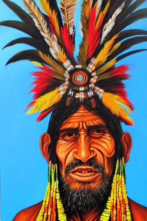 Image similar to Portrait Paintings of a South American Shaman in the style of Luis Tamani,