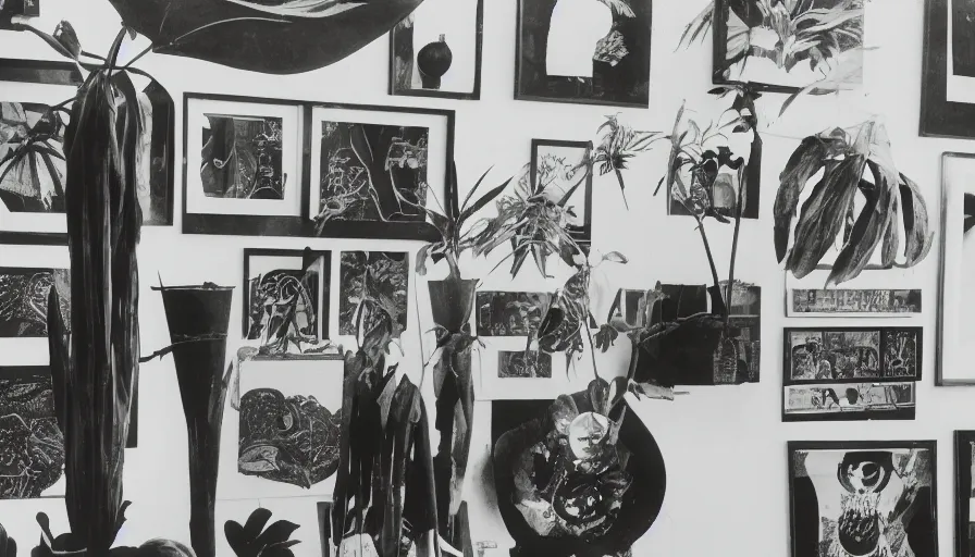 Image similar to A black and white photography of an exhibition space with objects of Sun Ra, Marcel Duchamp and tropical plants, 60s, offset lithography print, newspaper, distant shot, minimalist